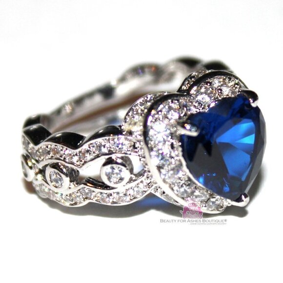 Heart for Jerusalem Deep Sapphire Blue Cz 18K White Gold Plated Cocktail Ring - Picture 1 of 7